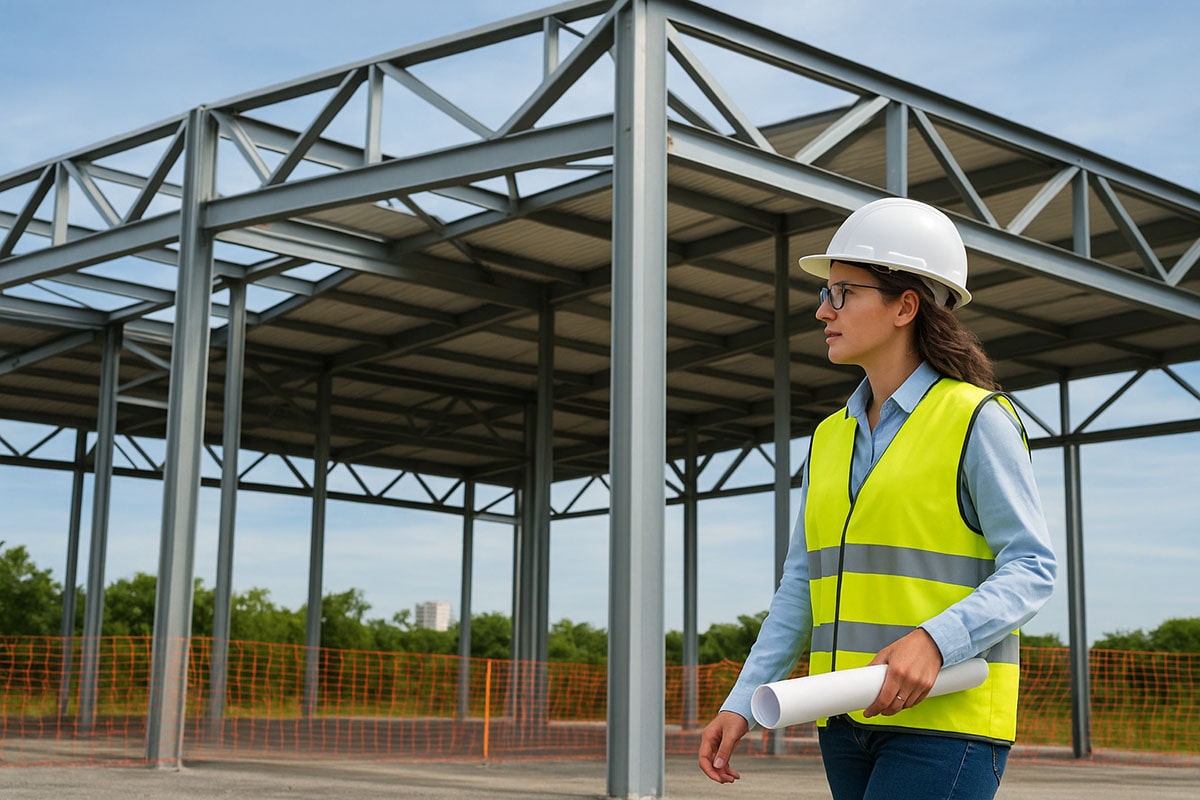 Engenheira realizando inspeção preventiva em estrutura metálica
